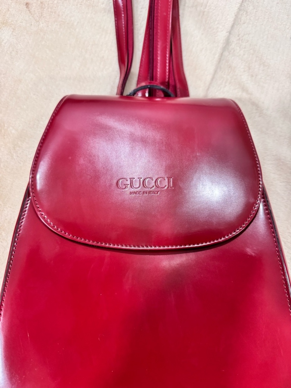 Red Leather Backpack with Embossed Logo